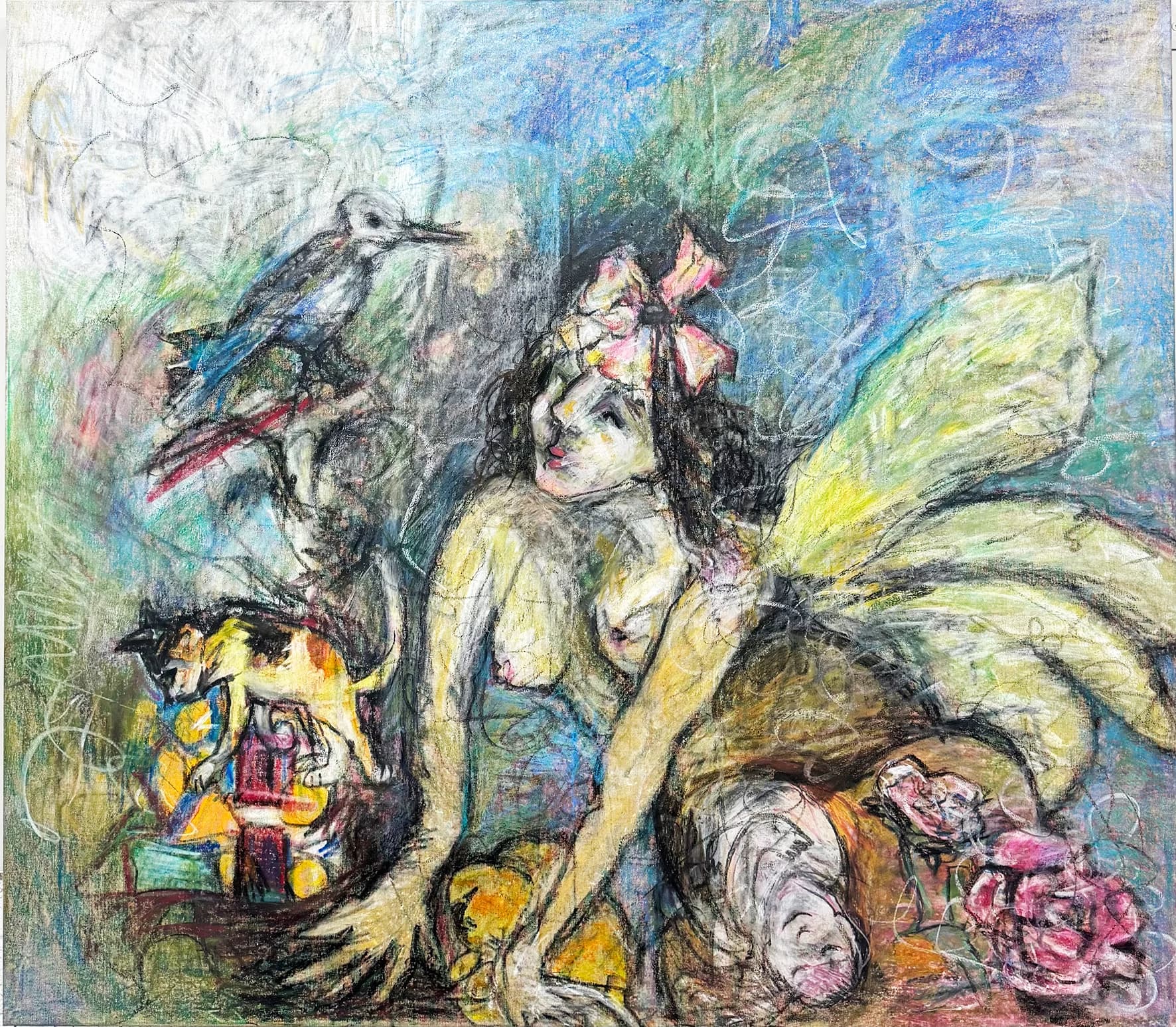 רגע מתוק - ציור בקו חופשי בגירי פסטל על קנווס, אוירה אופטימית
