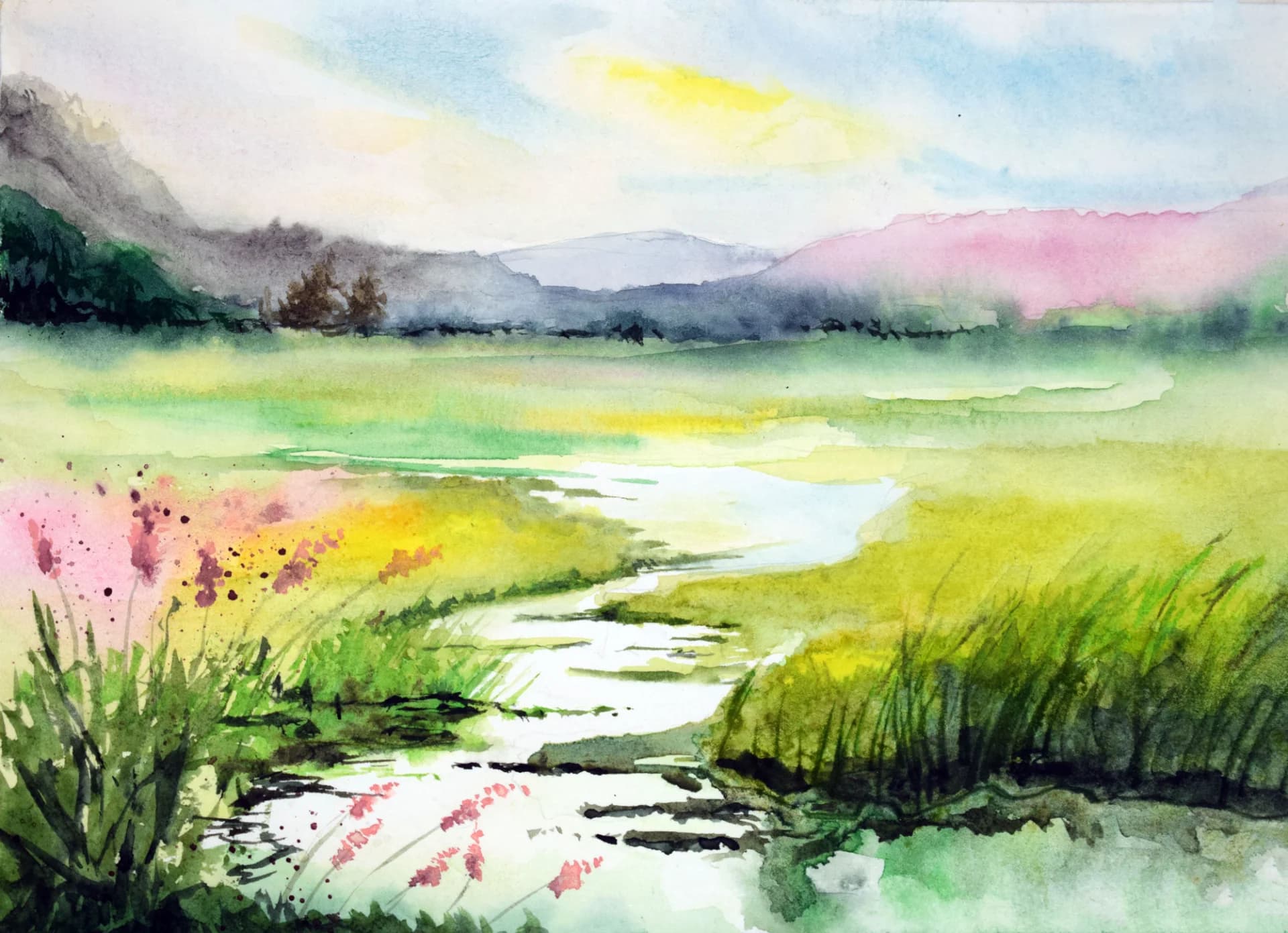 Green and Pink Meadow Painting